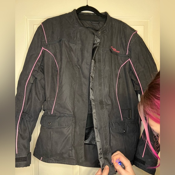 Tour Master Black and Pink Motorcycle Biker Riding Jacket Embroidered Heavy Duty - Picture 2 of 9